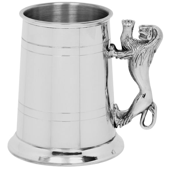 One Pint Dual Line Pewter Tankard with Lion Handle