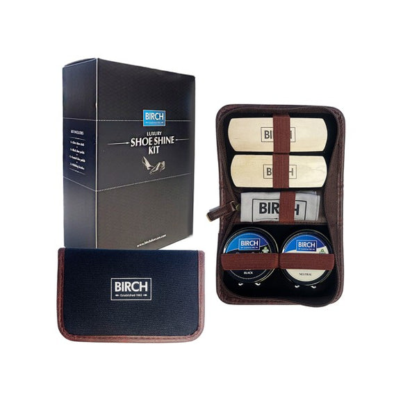 BIRCH Luxury Shoe Shine Kit in Two Tone Zip Round Fabric Case and Display Box