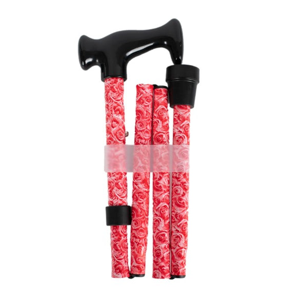 Four Fold Walking Stick Pink Roses Black Escort Handle